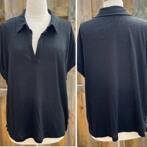 Banana Republic Black Polo Type Cuffed Short Sleeve Linen Blend Top XL